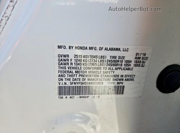 5FNYF5H51KB025928 2019 HONDA PILOT Белый Вид подкапотного пространства