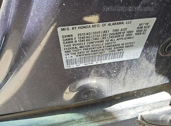 5FNYF5H51LB011027 2020 HONDA PILOT Gray VIN կոդի պիտակի տեսք