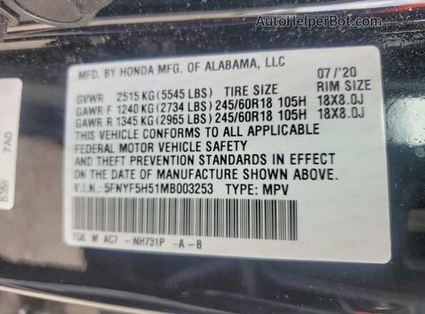 5FNYF5H51MB003253 2021 HONDA PILOT Black VIN კოდის სტიკერის ხედი