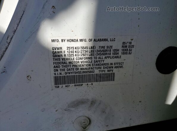 5FNYF5H52JB025662 2018 HONDA PILOT White Widok naklejki z numerem VIN