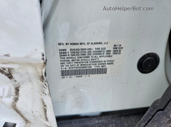 5FNYF5H52KB007258 2019 HONDA PILOT White Widok naklejki z numerem VIN