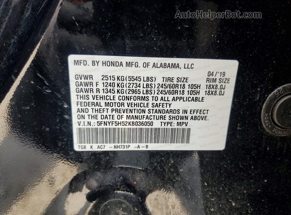 5FNYF5H52KB036050 2019 HONDA PILOT Black VIN sticker view