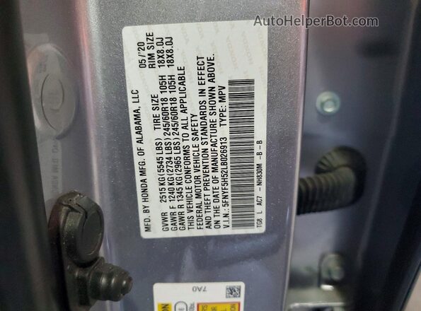 5FNYF5H52LB026913 2020 HONDA PILOT Silver Vista de la etiqueta del VIN
