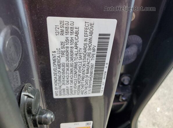 5FNYF5H52NB010567 2022 HONDA PILOT Gray Widok wnętrza 360 stopni