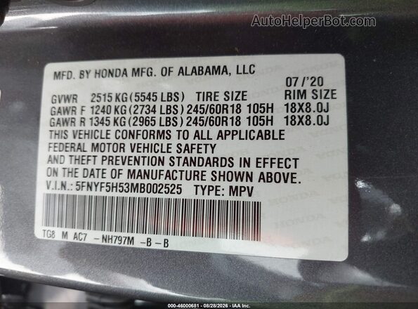 5FNYF5H53MB002525 2021 HONDA PILOT Gray Вид підкапотного простору