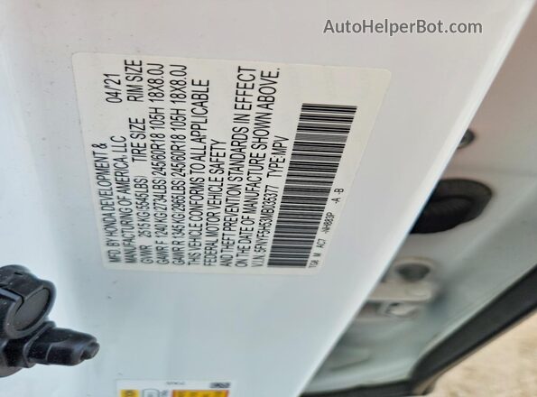 5FNYF5H53MB035377 2021 HONDA PILOT White Widok naklejki z numerem VIN