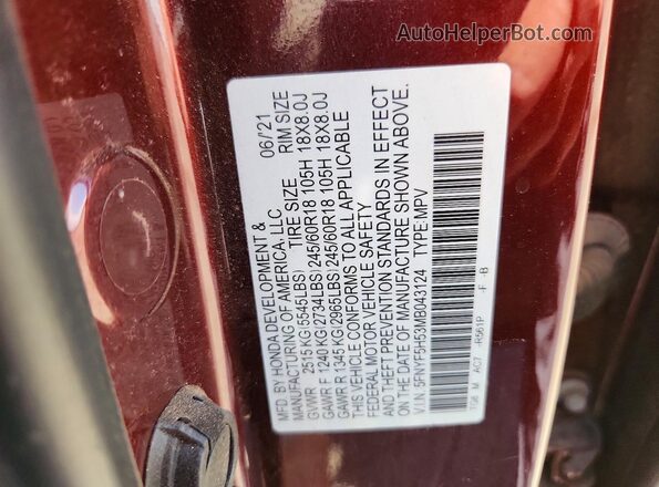 5FNYF5H53MB043124 2021 HONDA PILOT Burgundy VIN sticker view