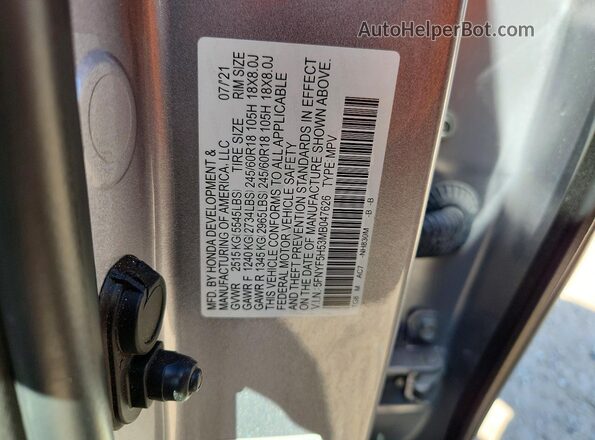 5FNYF5H53MB047626 2021 HONDA PILOT Silver VIN კოდის სტიკერის ხედი