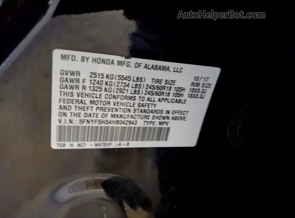 5FNYF5H54HB042943 2017 HONDA PILOT Black Widok naklejki z numerem VIN