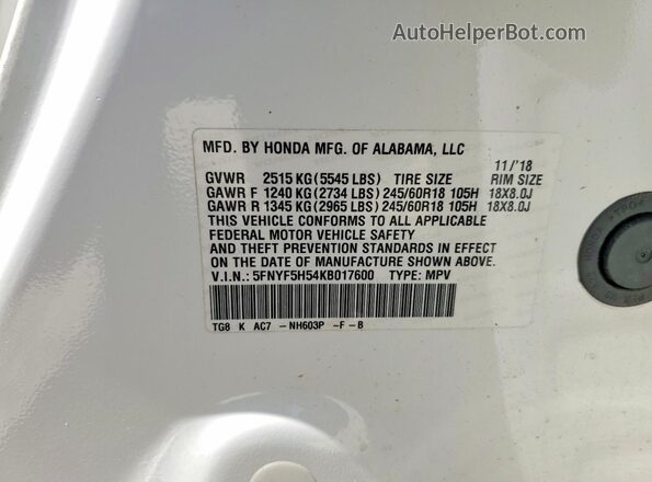 5FNYF5H54KB017600 2019 HONDA PILOT White VIN კოდის სტიკერის ხედი
