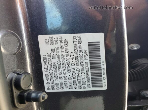 5FNYF5H54NB036314 2022 HONDA PILOT Gray Вид наклейки з VIN-кодом