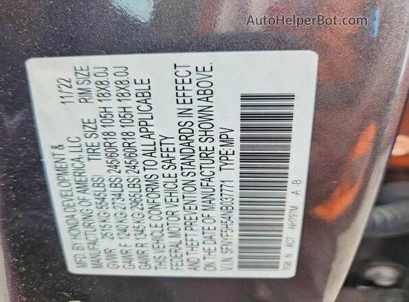 5FNYF5H54NB037771 2022 HONDA PILOT Gray Вид наклейки з VIN-кодом