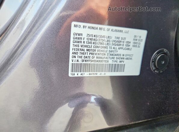 5FNYF5H55KB007836 2019 HONDA PILOT Gray VIN sticker view