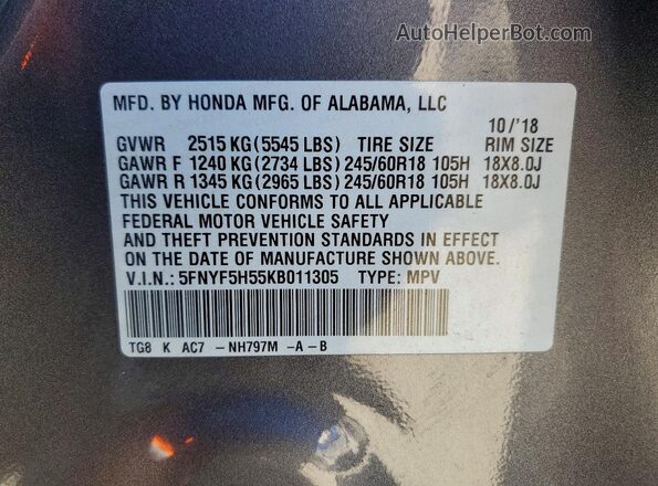 5FNYF5H55KB011305 2019 HONDA PILOT Gray VIN կոդի պիտակի տեսք