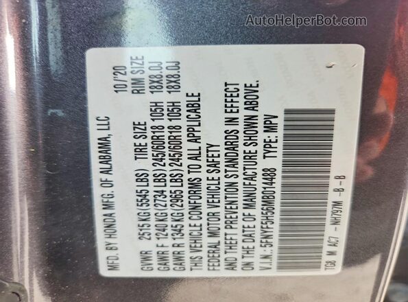 5FNYF5H56MB014488 2021 HONDA PILOT Gray VIN კოდის სტიკერის ხედი