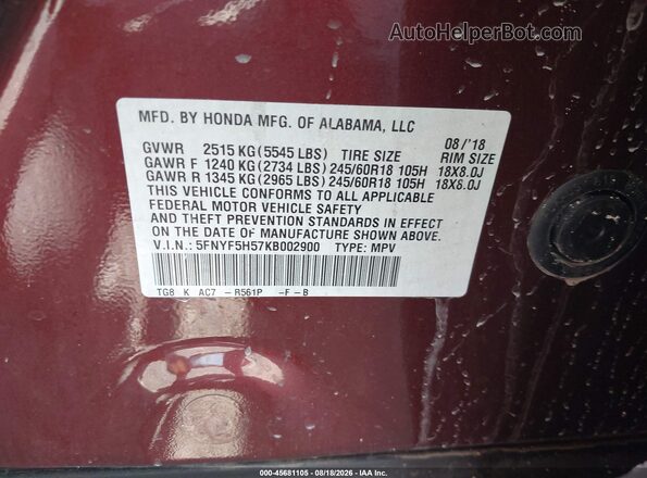 5FNYF5H57KB002900 2019 HONDA PILOT Maroon Widok komory silnika