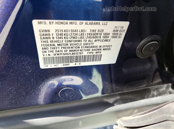 5FNYF5H57LB012781 2020 HONDA PILOT Blue Вид наклейки з VIN-кодом