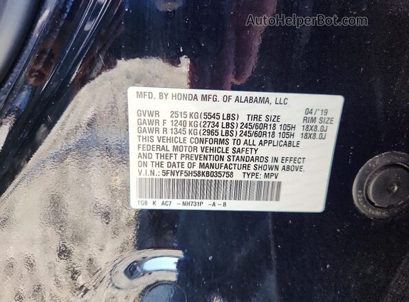 5FNYF5H58KB035758 2019 HONDA PILOT Black VIN կոդի պիտակի տեսք