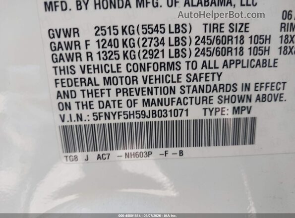 5FNYF5H59JB031071 2018 HONDA PILOT White Widok komory silnika