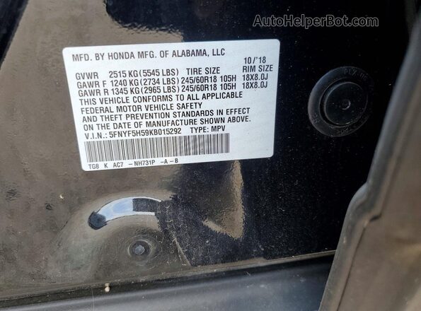 5FNYF5H59KB015292 2019 HONDA PILOT Black Вид наклейки з VIN-кодом