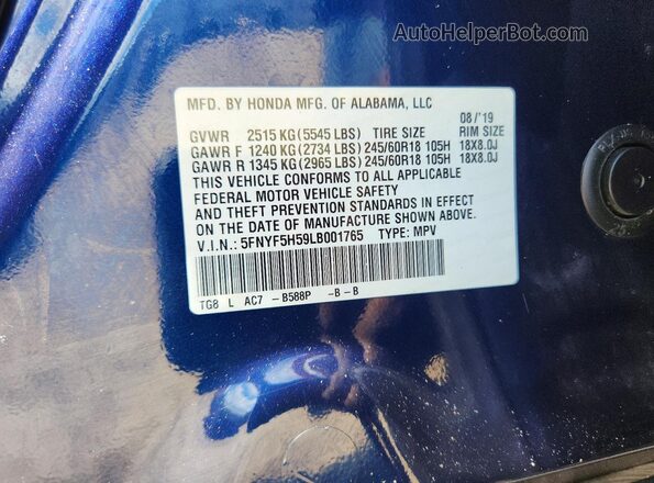 5FNYF5H59LB001765 2020 HONDA PILOT Blue Vista de la etiqueta del VIN