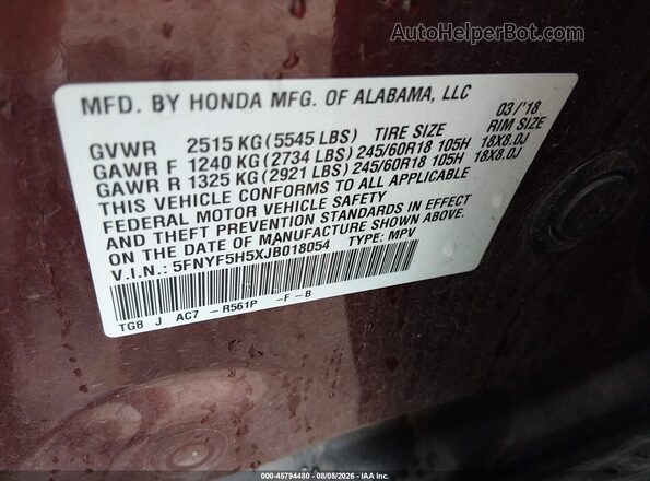 5FNYF5H5XJB018054 2018 HONDA PILOT Burgundy Շարժիչի բաժամունքի տեսք
