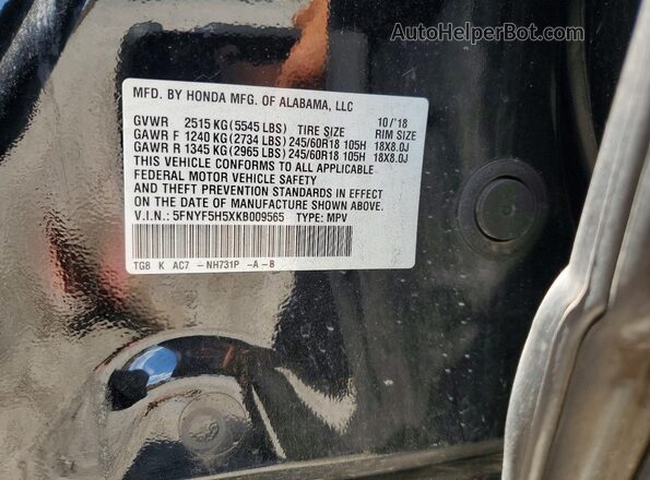 5FNYF5H5XKB009565 2019 HONDA PILOT Черный Вид наклейки с VIN-кодом