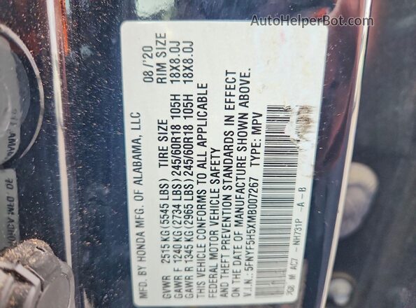 5FNYF5H5XMB007267 2021 HONDA PILOT Black VIN sticker view