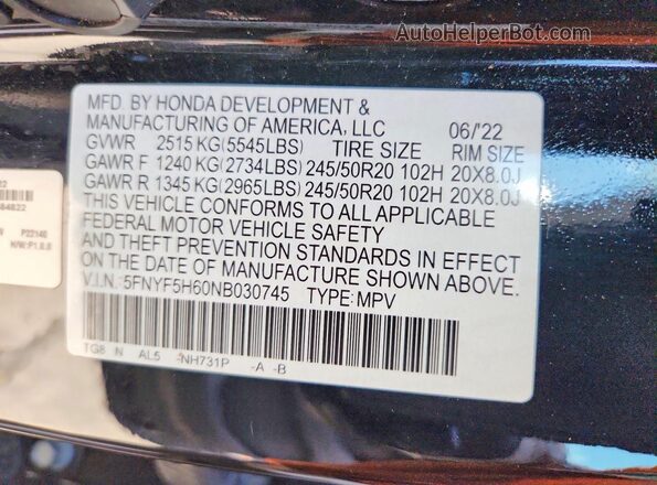 5FNYF5H60NB030745 2022 HONDA PILOT Black Widok naklejki z numerem VIN