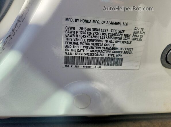 5FNYF5H62KB001243 2019 HONDA PILOT White VIN კოდის სტიკერის ხედი