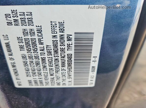 5FNYF5H63MB004803 2021 HONDA PILOT Blue VIN sticker view