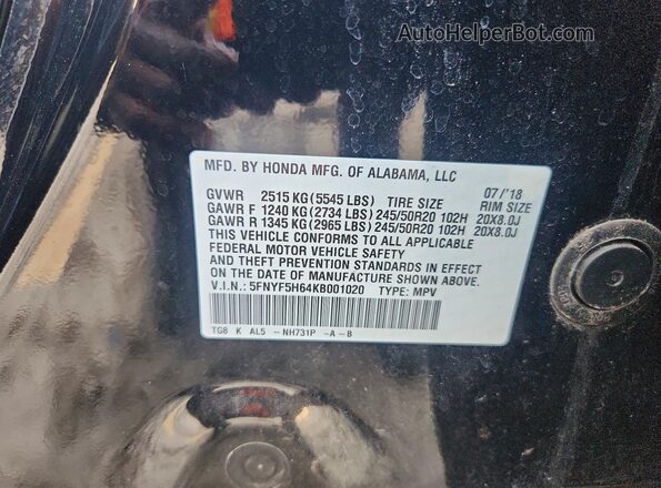 5FNYF5H64KB001020 2019 HONDA PILOT Black VIN sticker view