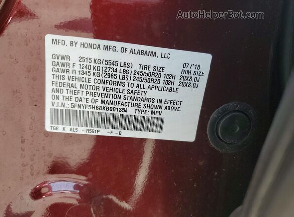 5FNYF5H68KB001358 2019 HONDA PILOT Burgundy Vista de la etiqueta del VIN