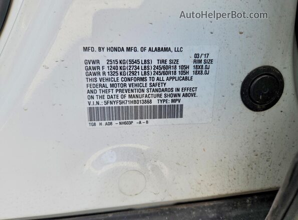 5FNYF5H71HB013868 2017 HONDA PILOT Белый Вид наклейки с VIN-кодом