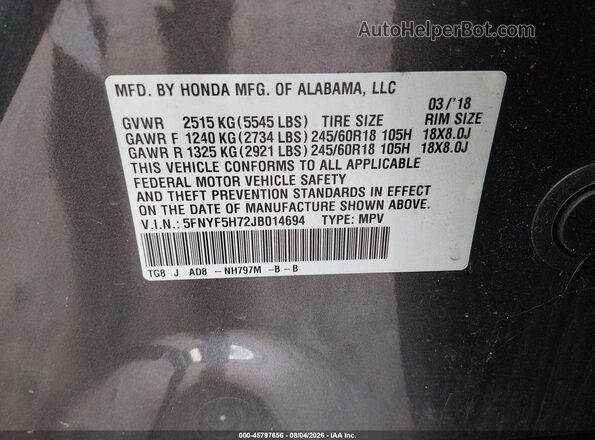 5FNYF5H72JB014694 2018 HONDA PILOT Gray Widok komory silnika