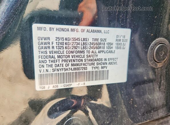 5FNYF5H74JB007293 2018 HONDA PILOT Green VIN კოდის სტიკერის ხედი