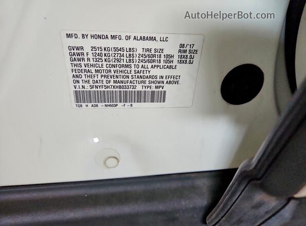 5FNYF5H7XHB033732 2017 HONDA PILOT White Вид наклейки з VIN-кодом