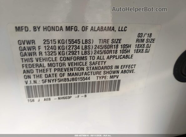 5FNYF5H89JB015544 2018 HONDA PILOT White ძრავის განყოფილების ხედი