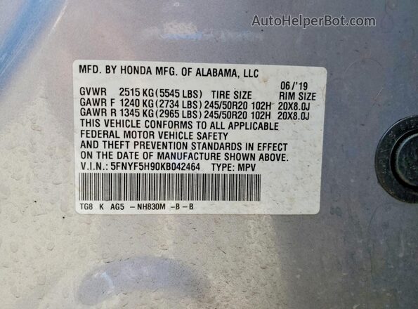5FNYF5H90KB042464 2019 HONDA PILOT Серебряный Вид наклейки с VIN-кодом