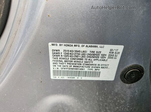 5FNYF5H92HB014061 2017 HONDA PILOT Silver VIN კოდის სტიკერის ხედი