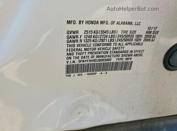 5FNYF5H92JB003003 2018 HONDA PILOT White Вид наклейки з VIN-кодом