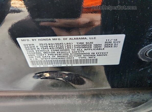 5FNYF5H93KB019924 2019 HONDA PILOT Black Շարժիչի բաժամունքի տեսք