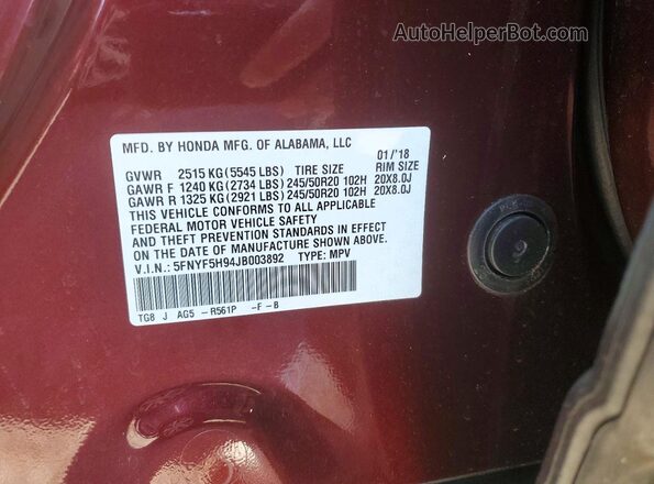 5FNYF5H94JB003892 2018 HONDA PILOT Burgundy Vista interior de 360 grados