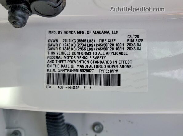 5FNYF5H96LB026027 2020 HONDA PILOT White VIN კოდის სტიკერის ხედი