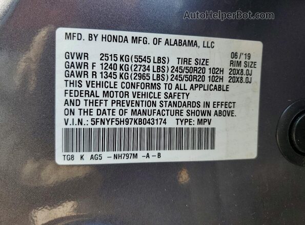 5FNYF5H97KB043174 2019 HONDA PILOT Gray Widok naklejki z numerem VIN