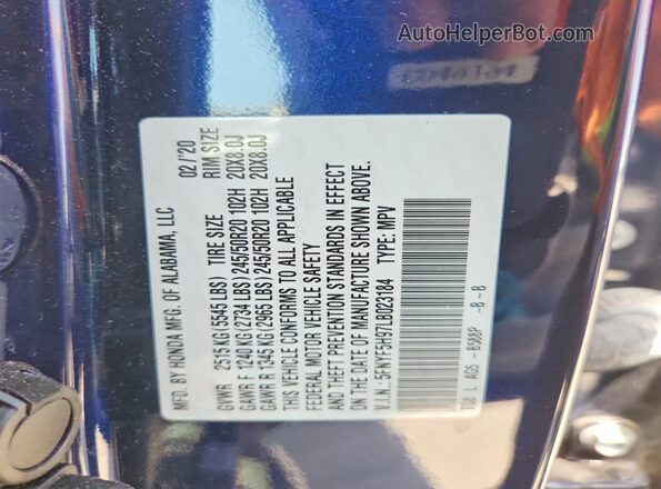 5FNYF5H97LB023184 2020 HONDA PILOT Blue სალონის 360-გრადუსიანი ხედი
