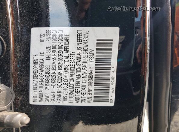 5FNYF5H99NB014716 2022 HONDA PILOT Black VIN კოდის სტიკერის ხედი