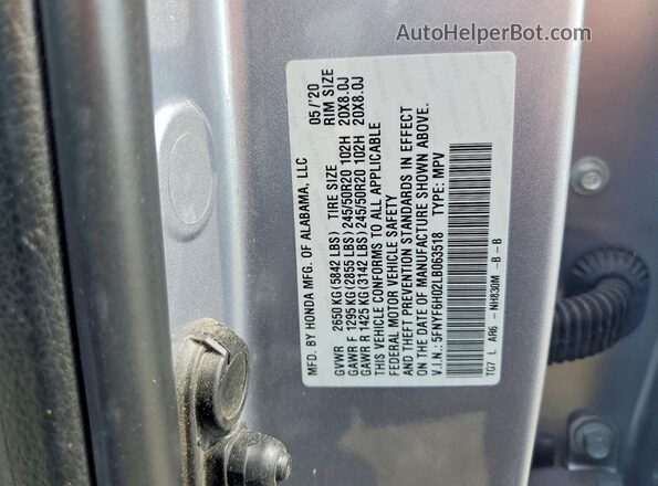 5FNYF6H02LB063518 2020 HONDA PILOT Silver VIN sticker view
