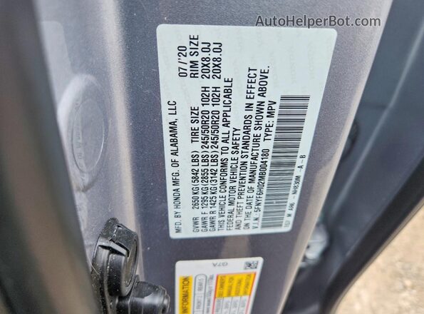 5FNYF6H02MB004180 2021 HONDA PILOT Silver VIN კოდის სტიკერის ხედი