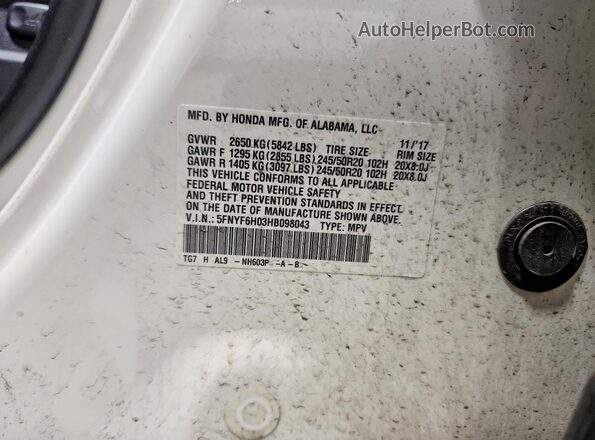 5FNYF6H03HB098043 2017 HONDA PILOT White VIN sticker view